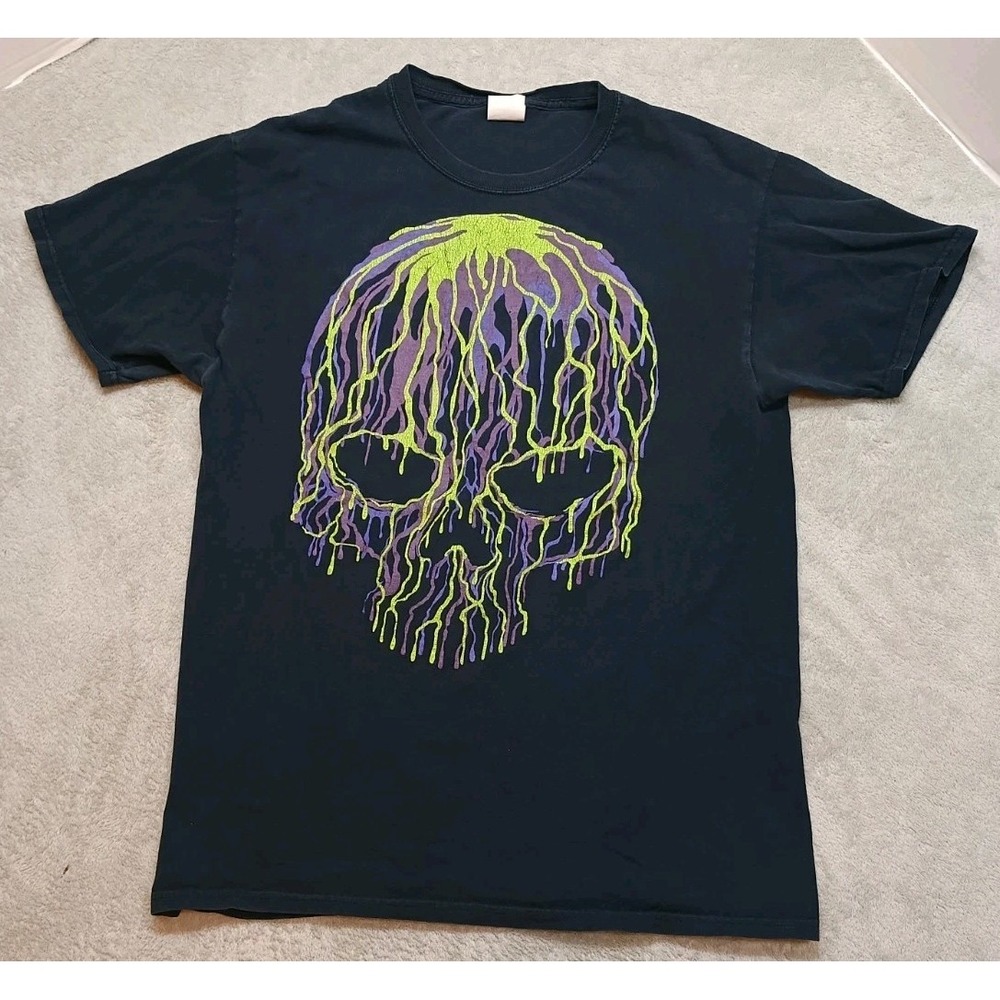 Vintage Neon Paint Drip Skull T-Shirt Large 90s Halloween Skeleton Horror Black